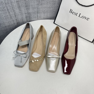 粗跟工作通勤高跟鞋 36码 女夏2025新款 黑色蝴蝶结方头职业单鞋 法式