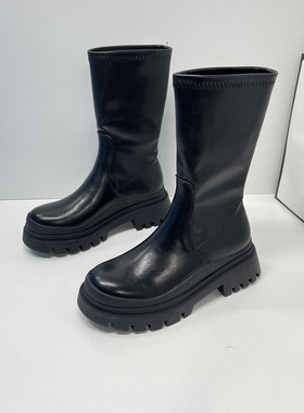 爆款马丁靴女秋冬加绒黑色厚底高筒弹力靴中筒显瘦炸街小短靴子