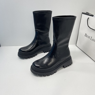 爆款 马丁靴女秋冬加绒黑色厚底高筒弹力靴中筒显瘦炸街小短靴子