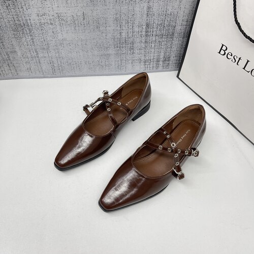 法式尖头交叉带粗跟玛丽珍单鞋