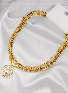 欧美复古金色圆牌吊坠钱币毛衣链