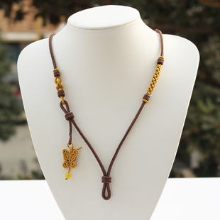 纯手工编绳织直穿款项链绳吊坠挂绳毛衣链搭配金饰蜜蜡浅咖色定制