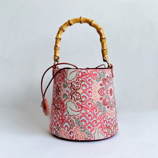 竹拎皮抽绳水桶包 钥钥手工材料包自制diy直播口金包宋锦国风包包