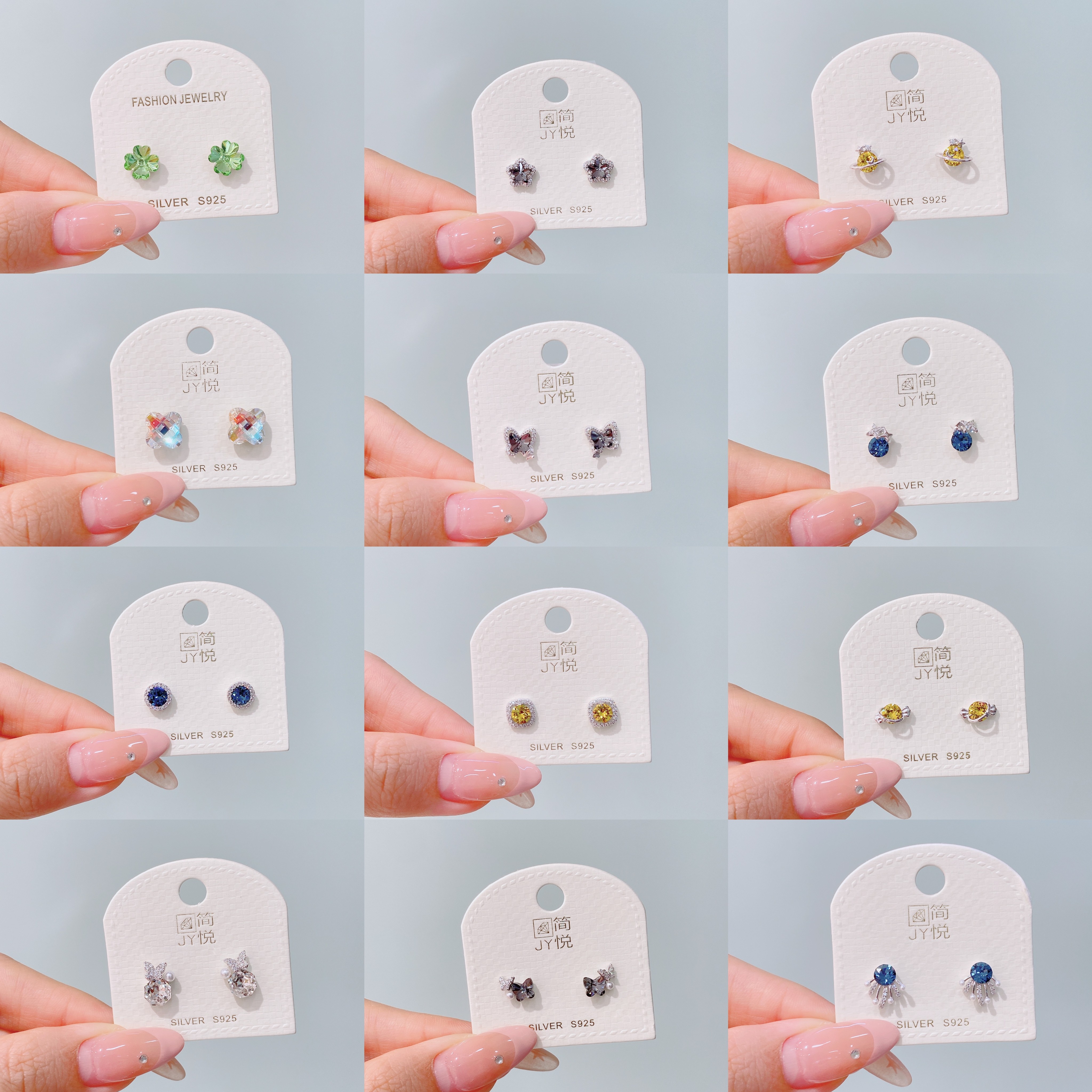 简悦银饰s925通体银秋冬新品清新甜美彩色锆石耳钉女气质百搭耳饰