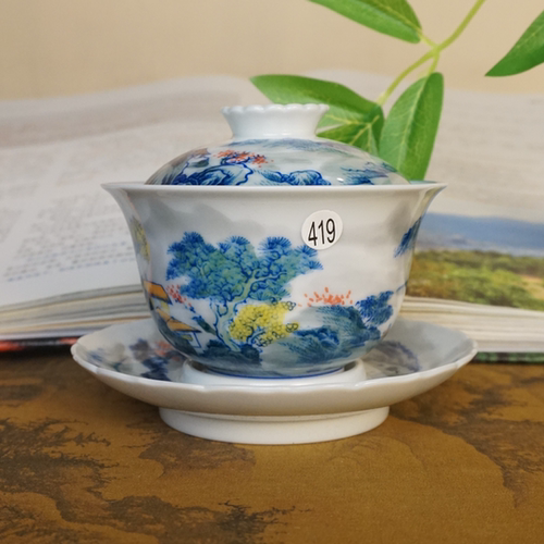 德物小雅120ml青花山水三才盖碗