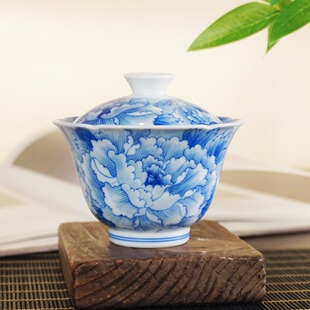 素锦山房手绘青花瓷牡丹二才盖碗葵口110ml纯手工手绘釉下景德镇
