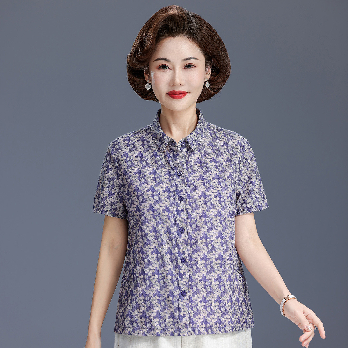中老年人夏装短袖纯棉衬衫妈妈全棉印花衬衣时尚奶奶宽松奶奶上衣