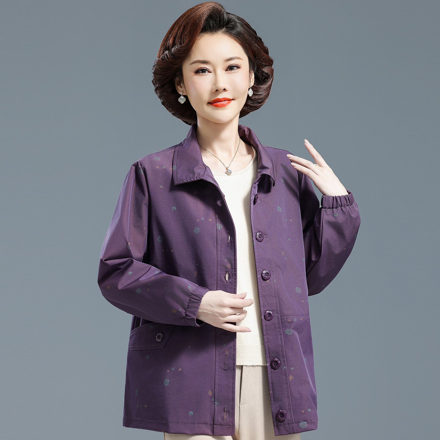 中老年春秋长袖上衣妈妈短款外套