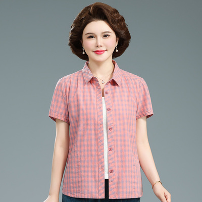 妈妈夏装短袖纯棉衬衣洋气中老年全棉女60岁上衣开衫奶奶衬衫薄款