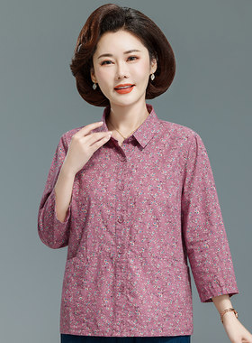 中老年妈妈七分袖纯棉印花衬衣