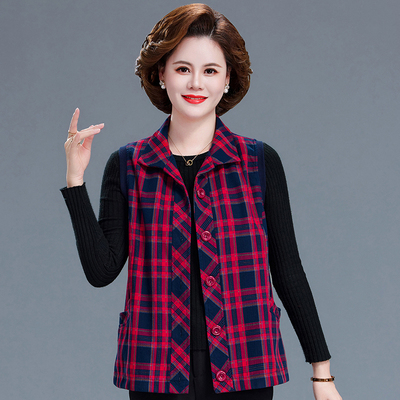 中老年马甲纯棉格子马夹新款大码