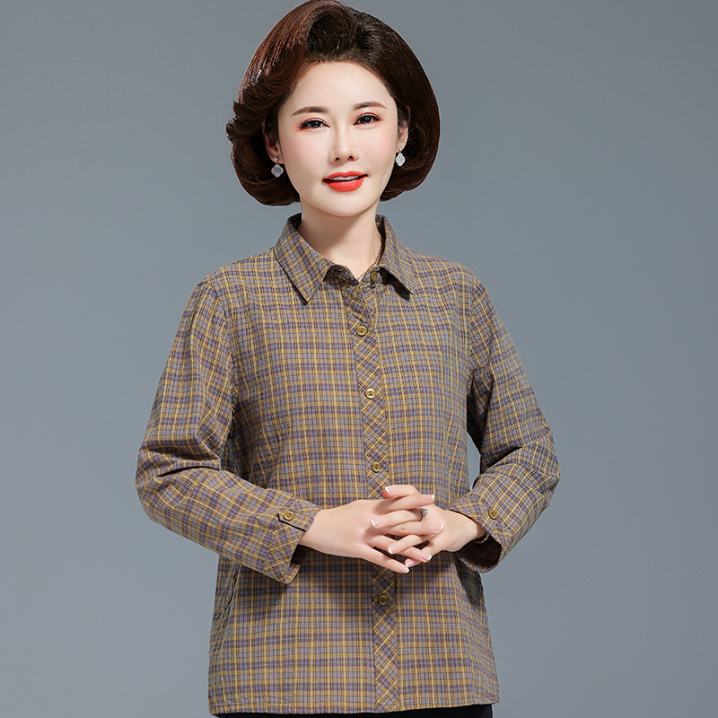 中老年格子衬衫长袖女春夏季奶奶衬衣纯棉宽松妈妈上衣老太太时尚
