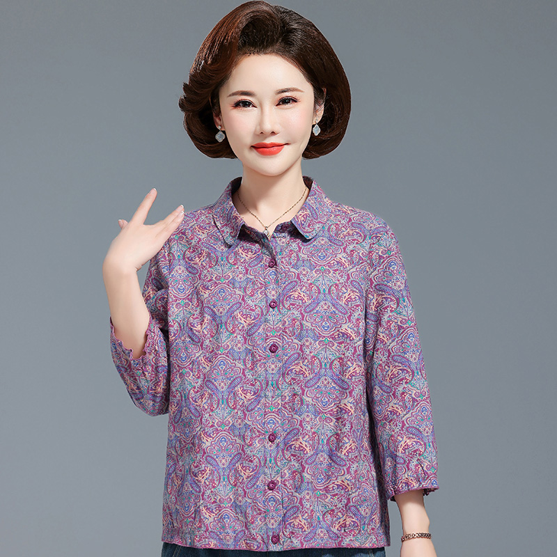 中老年女妈妈纯棉七分袖碎花衬衫