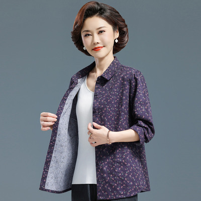 中老年春秋装女妈妈印花衬衫长袖
