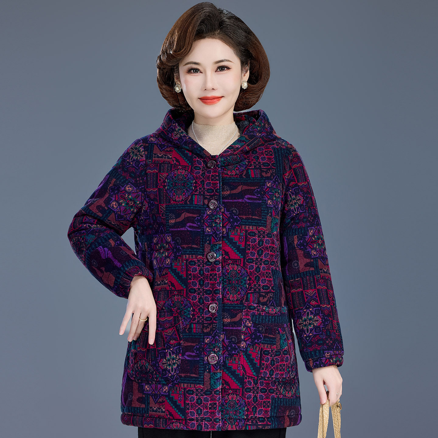 冬款妈妈装纯棉灯芯绒宽松长袖印花加绒加厚棉服中老年奶奶厚棉袄