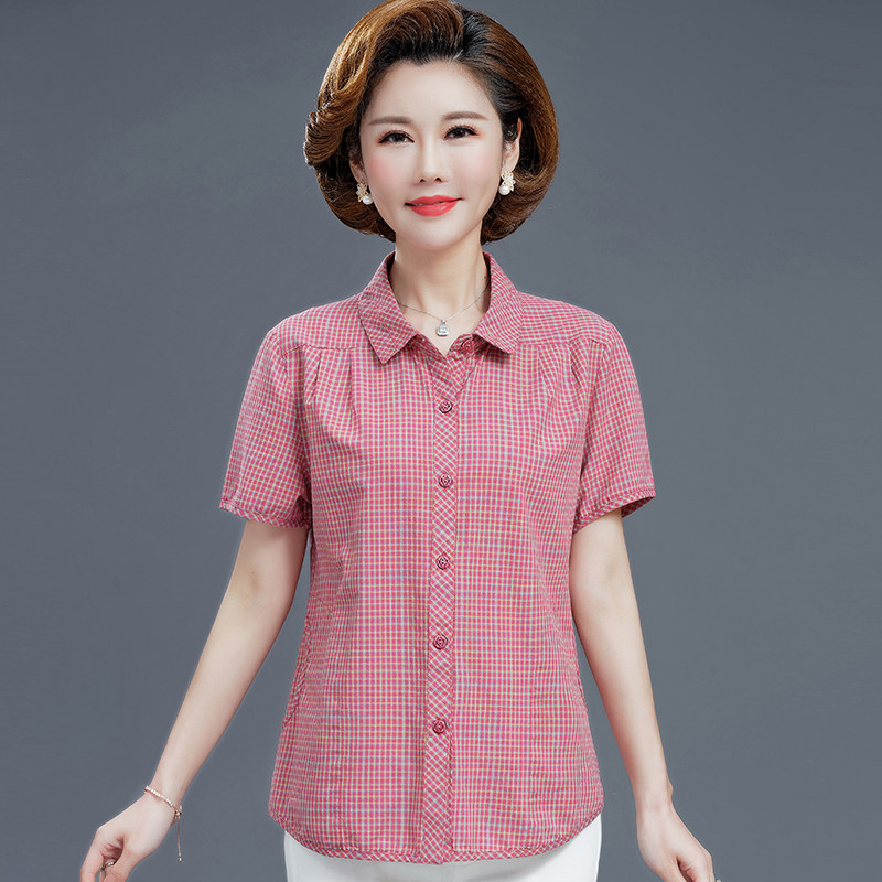 妈妈装夏季新款格子短袖衬衣中老年人女纯棉休闲宽松上衣大码衬衫