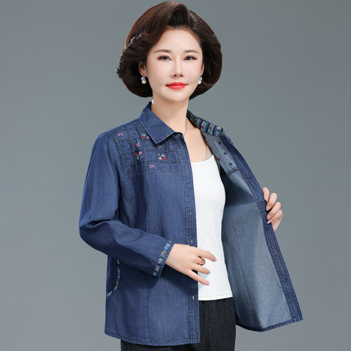 中老年女装牛仔衬衫长袖纯棉衣服