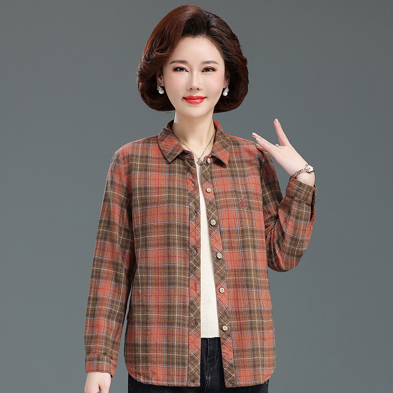 妈妈装纯棉新款衬衫女长袖全棉春秋中老年格子衬衣宽松老年人衣服