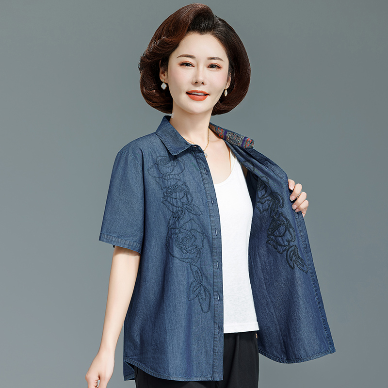 中老年人夏装短袖衬衫知性纯棉牛仔上衣60岁宽松妈妈大码开衫衬衣