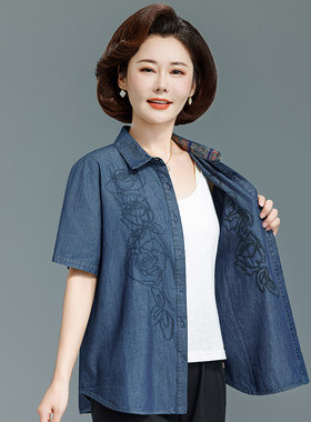 中老年夏装短袖衬衫知性纯棉牛仔