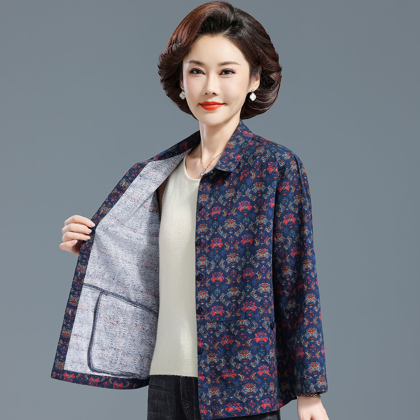 妈妈秋纯棉衬衣中老年加大码上衣