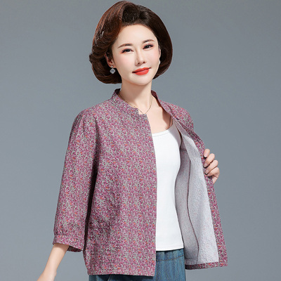 中老年妈妈春夏季棉质格子衬衫七分袖上衣奶奶休闲圆领衬衣薄外套