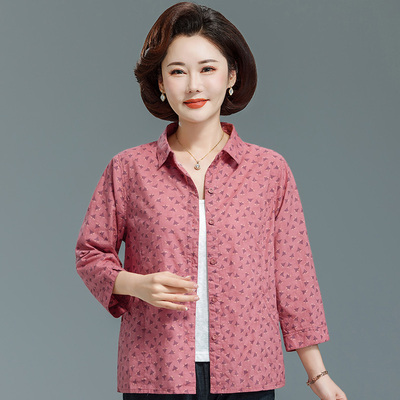 妈妈春夏七分袖纯棉衬衣中老年人开衫上衣老太太衣服休闲大码衣服