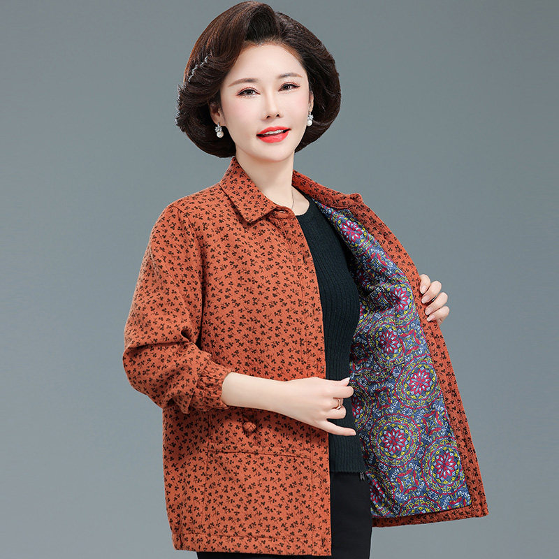 中老年女装春季小碎花外套妈妈纯棉翻领长袖衬衫休闲夹克宽松上衣