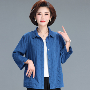老年人衣服开衫 妈妈春夏装 中老年女奶奶装 印花纯棉衬衫 时尚 七分袖