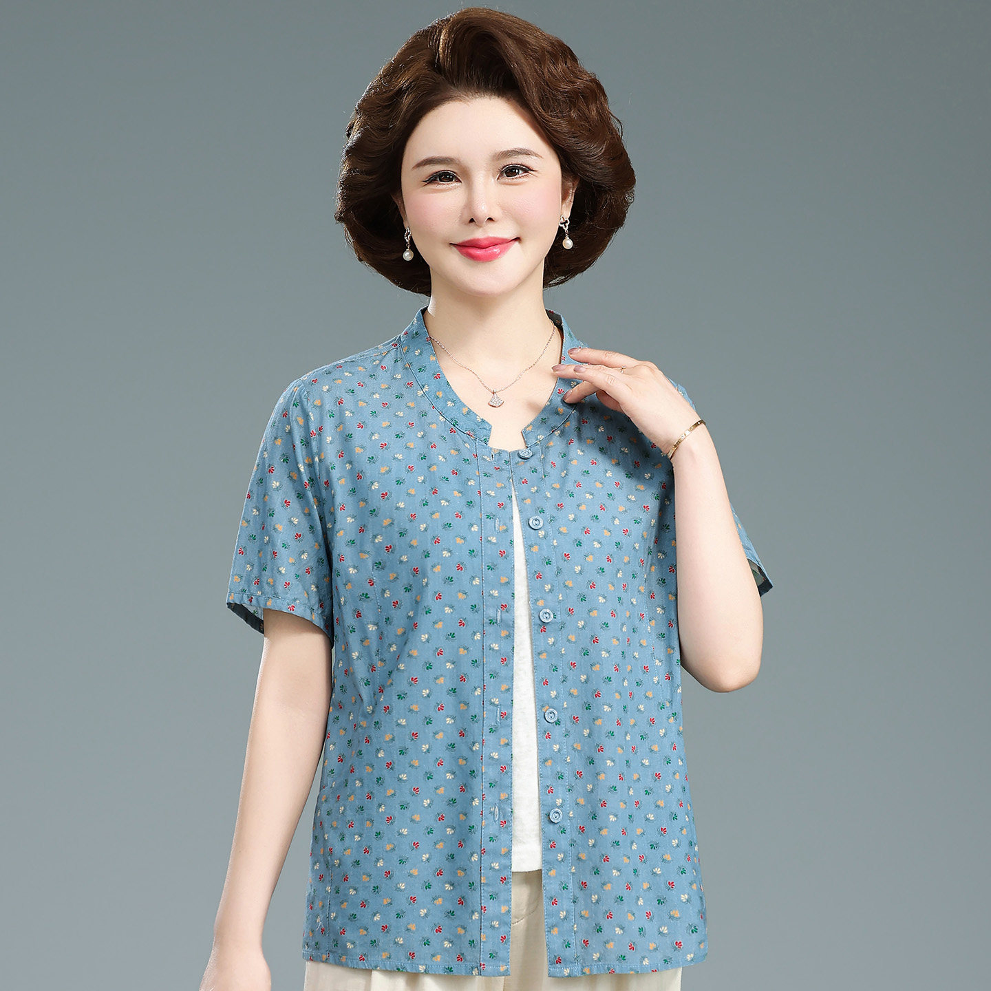 中老年女夏装短袖碎花衬衫T恤