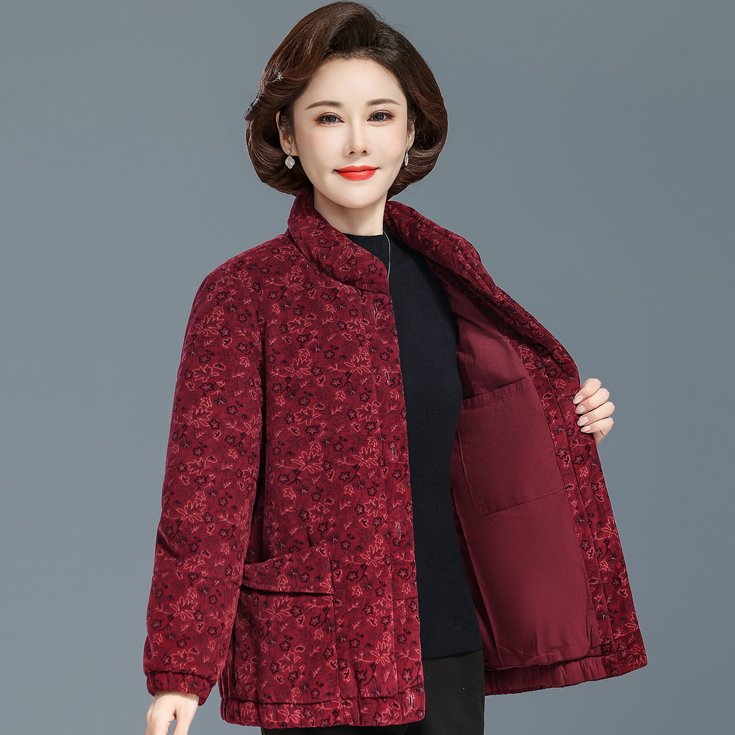 中老年女加厚棉服灯芯绒外套纯棉