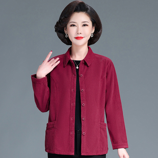 妈妈春秋装纯棉衬衫女长袖老年人洋气细条绒上衣时尚大码衣服奶奶