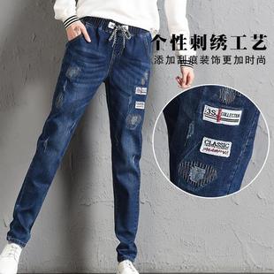 加厚加绒贴布长裤 小脚老爹裤 女秋冬宽松大码 松紧腰弹力牛仔哈伦裤