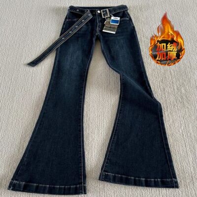 低腰系带牛仔微喇裤女秋冬新款