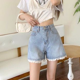 热裤 清新减龄蕾丝花边牛仔短裤 三分裤 女夏薄款 高腰宽松A字阔腿裤