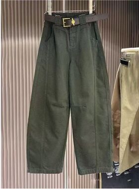 美式复古军绿色弯刀牛仔裤女春秋新款高腰宽松阔腿裤设计感长裤子