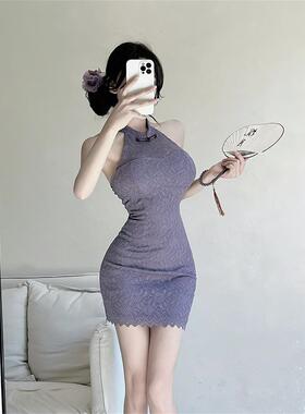 夏季夜店女装连衣裙气质改良式复古紫色修身旗袍短裙