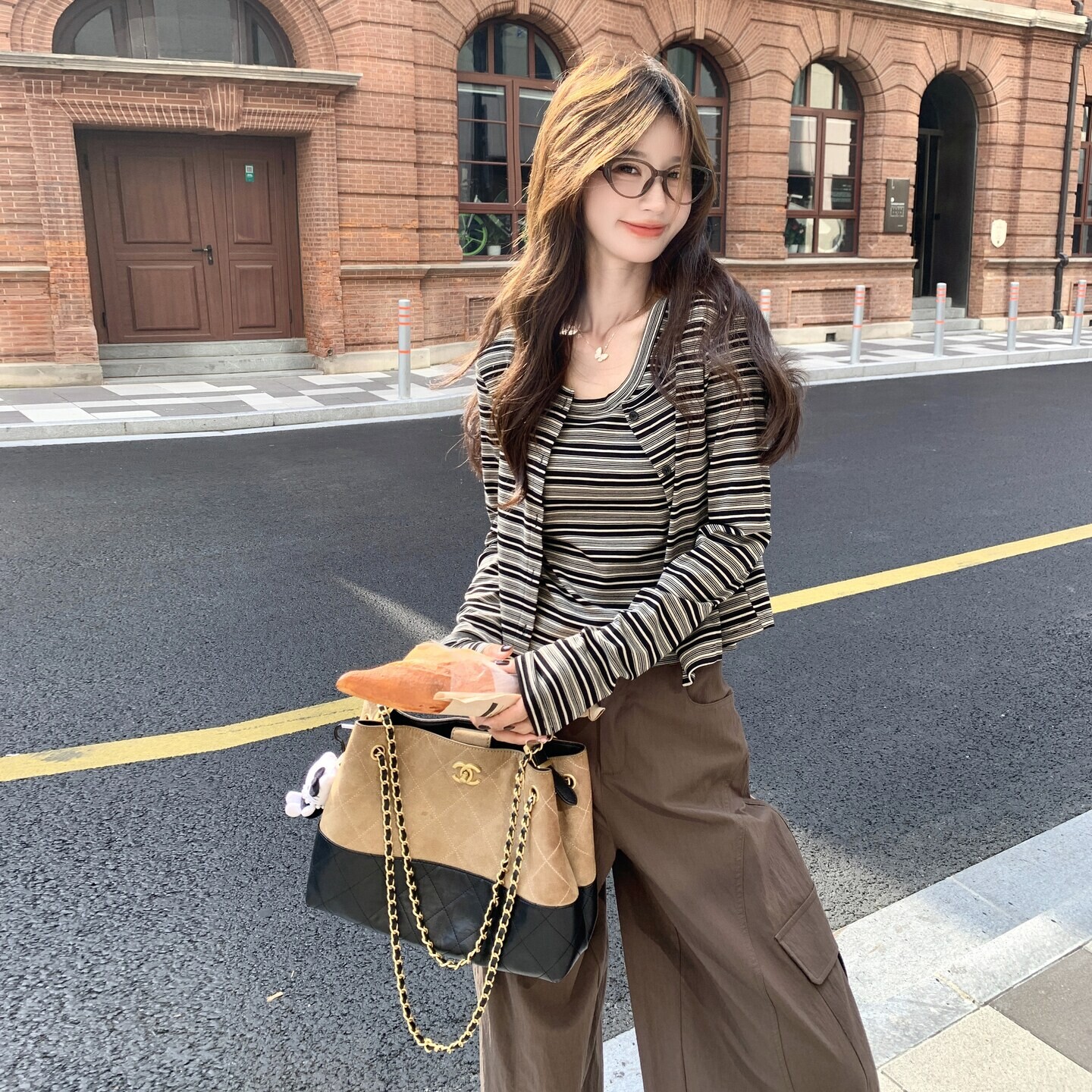 设计感韩版休闲运动套装女春秋美式复古条纹开衫阔腿裤三件套潮
