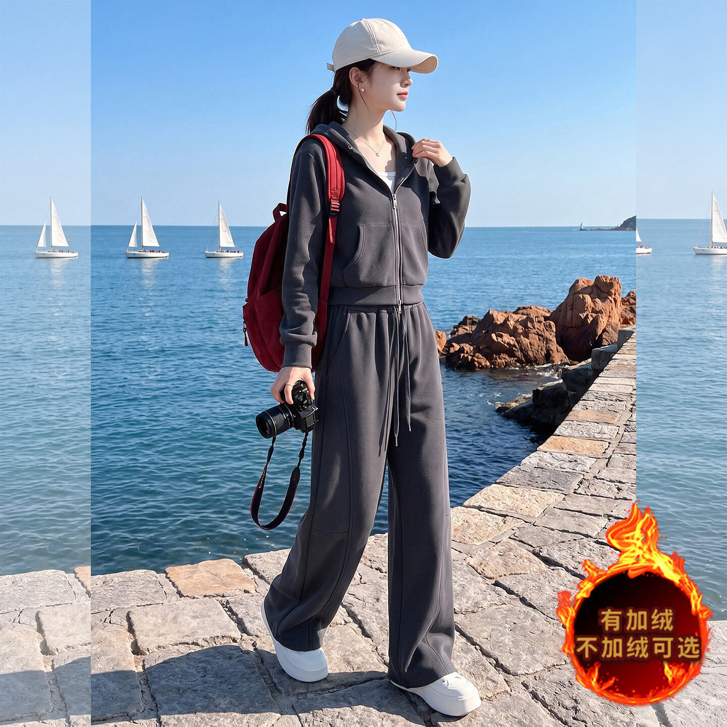 休闲运动套装秋冬新款纯色连帽短款卫衣内搭白色背心阔腿裤三件套