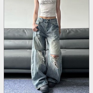 潮 男女宽松阔腿破洞设计感长裤 2026春季 复古做旧拆破竹节纹牛仔裤