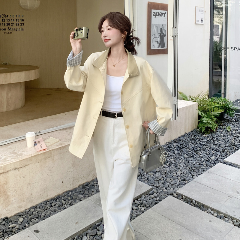 美洋复古优质休闲风显瘦精品新品疯狂促销新款拼色短外套米色外套