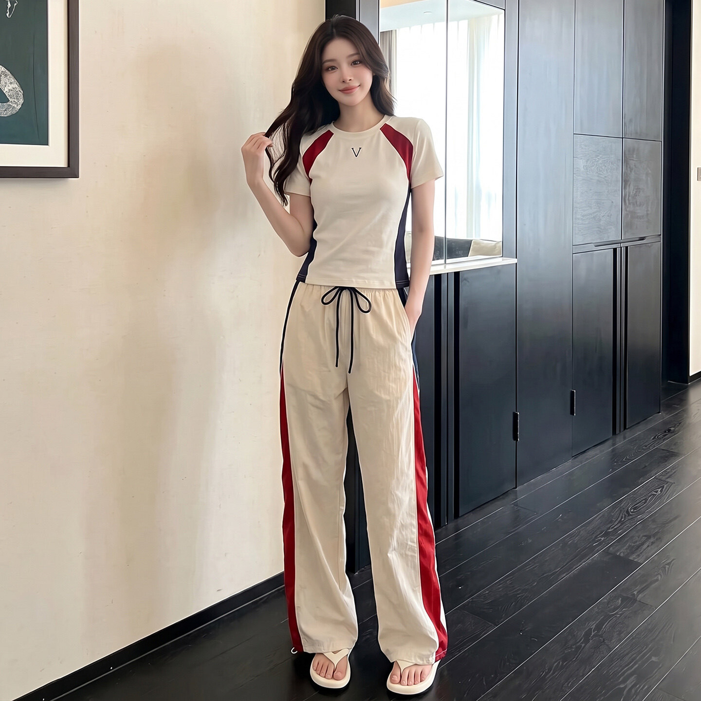 女新款夏季感休闲运动套装圆领撞色拼接短袖上衣休闲阔腿裤两件套