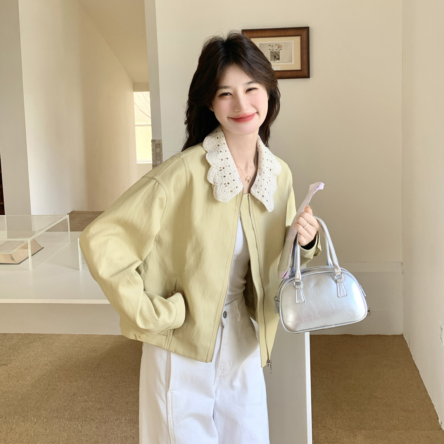 春显瘦新款上市2026年春季宽松大量主推皮衣外套短蕾丝花边皮夹克