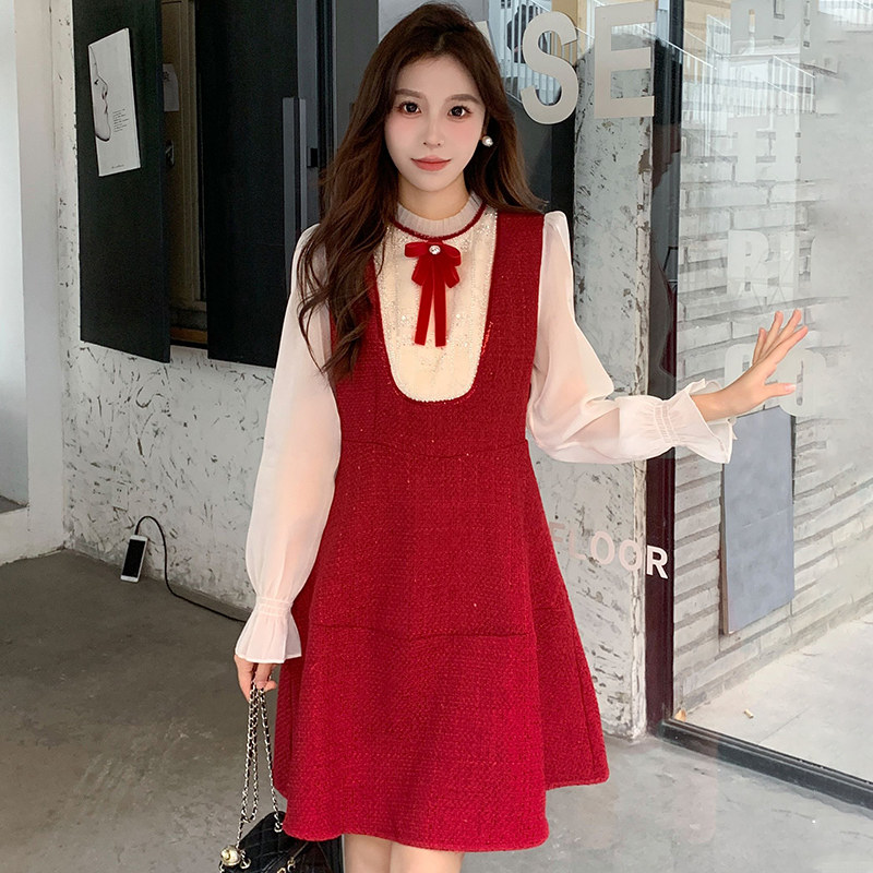 红色时尚长袖连衣裙女中长款气质春秋新款法式假两件毛呢裙子