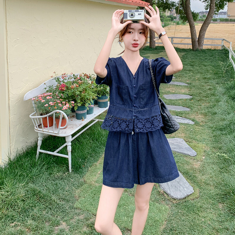 夏季优质精品新款牛仔套装女蕾丝领泡泡袖小个子梨形显瘦两件套