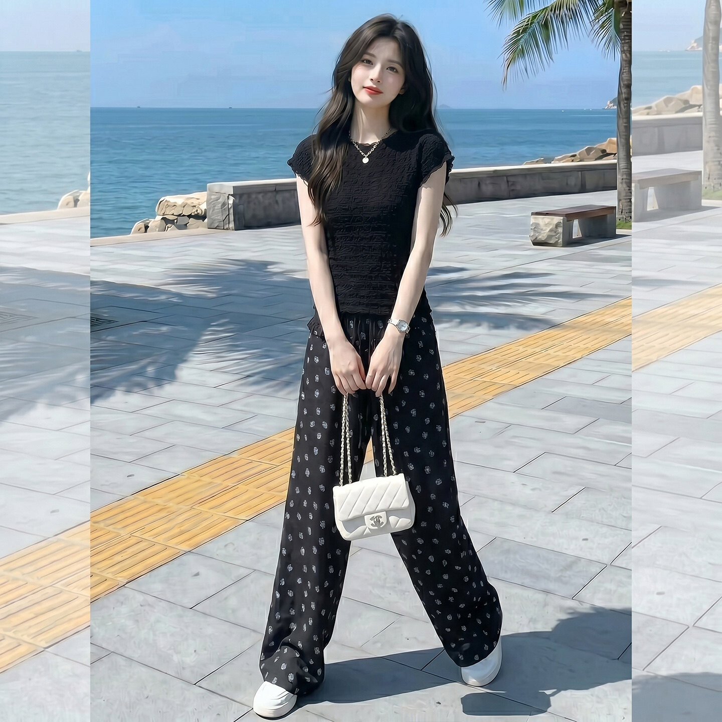 韩版时尚减龄套装女夏款黑色圆领上衣花朵印花木耳边屁帘裤两件套