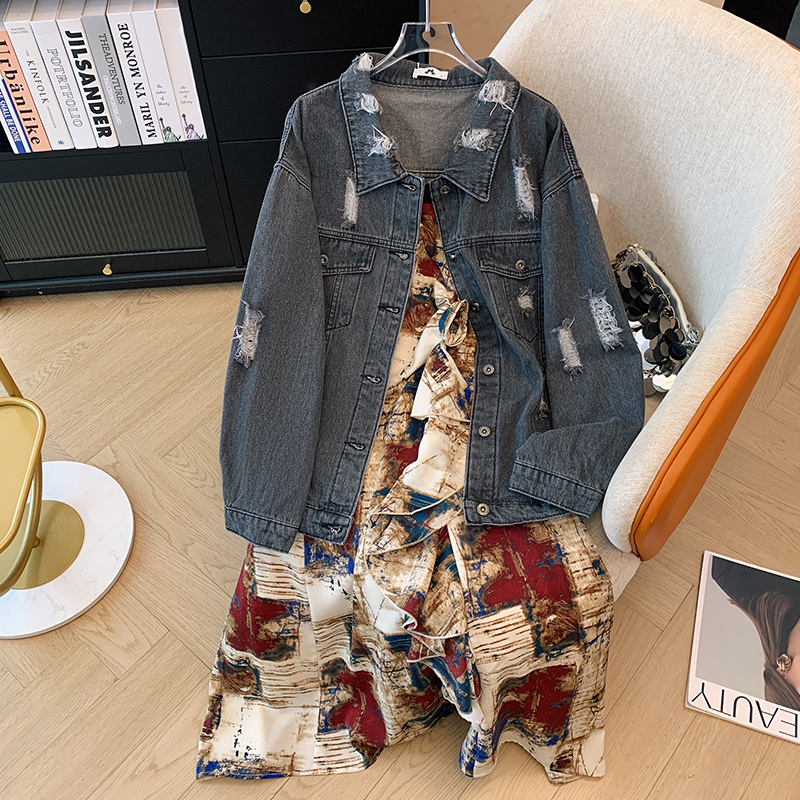 300斤特大码女装胖mm废土风吊带连衣裙破洞牛仔上衣套装春秋新款