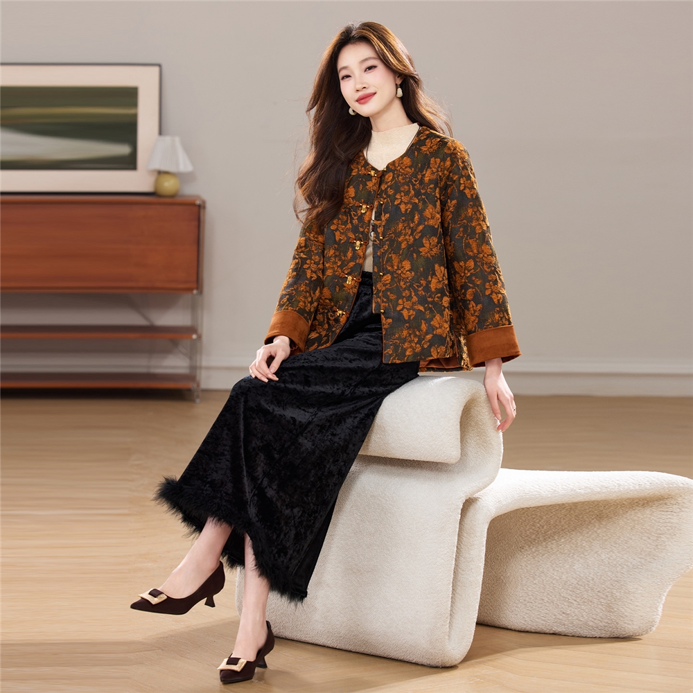 冬季新款加厚棉衣新中式圆领风铃盘扣拼接丝绒款宽松气质外套女