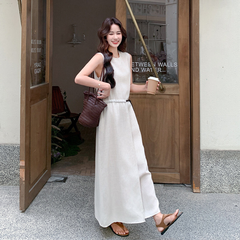 休闲设计感显瘦新款拼接连衣裙无袖中性风拼接裙聚会女士夏季直筒