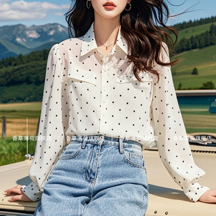 法式轻熟风上衣小众设计感别致独特绝美小衫白色波点雪纺衬衫女秋